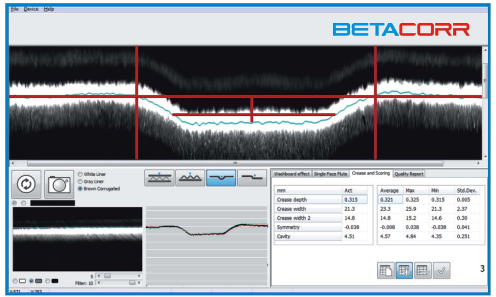 BetaCorr Corrugated Analyzer, a device used for measuring critical corrugating production parameters, fluting, washboard effect, with an aim to improve packaging quality screen capture