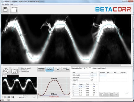 BetaCorr Corrugated Analyzer, a device used for measuring critical corrugating production parameters, fluting, washboard effect, with an aim to improve packaging quality. Analysis screen image capture