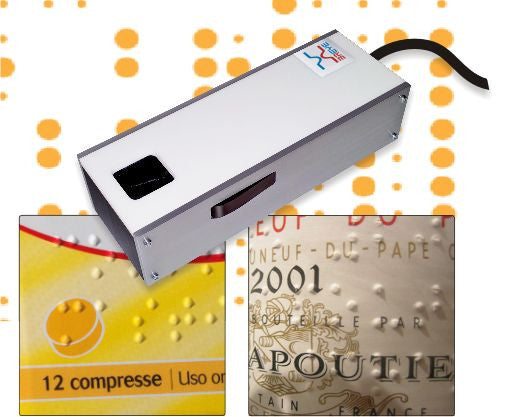Braille dot print analyzer, alongside examples of braille print text with varying dot heights for checking braille quality control. 