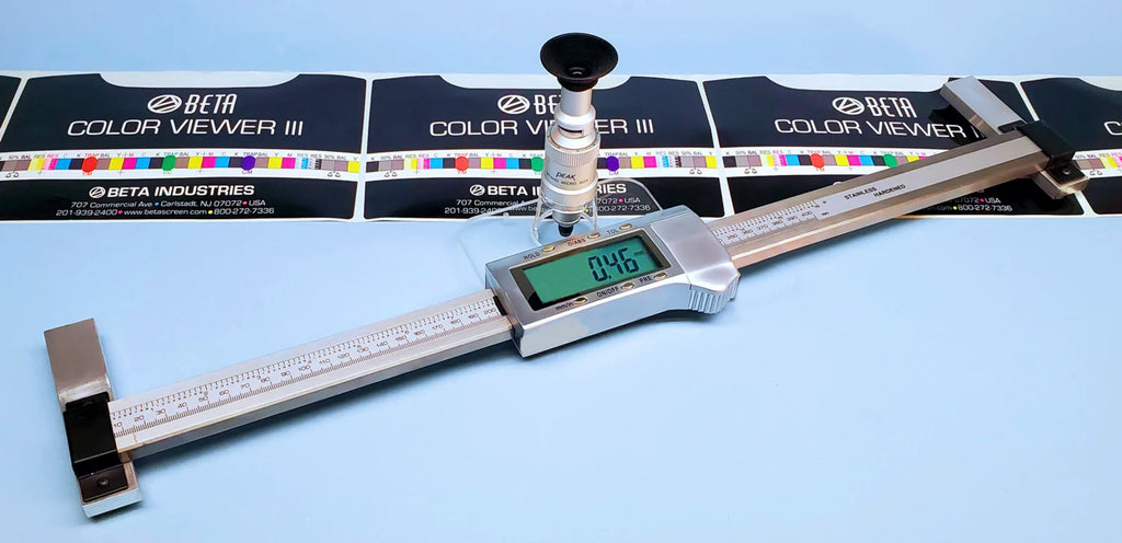 BETA PRECISION DIGITAL ELECTRONIC RULER - Exact, non-contact measurement of materials and stretch. Label measurement shown
