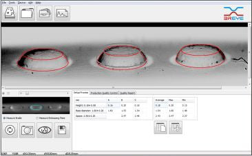 Screen shot of Beta Breye Braille dot print analyzer, alongside examples of braille print text with varying dot heights for checking braille quality control. 